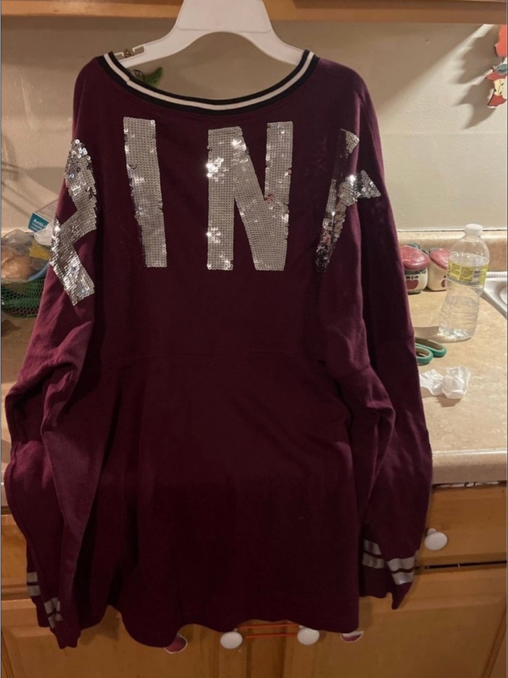 Womens Sequin Graphic Long Sleeve Top - Burgundy large